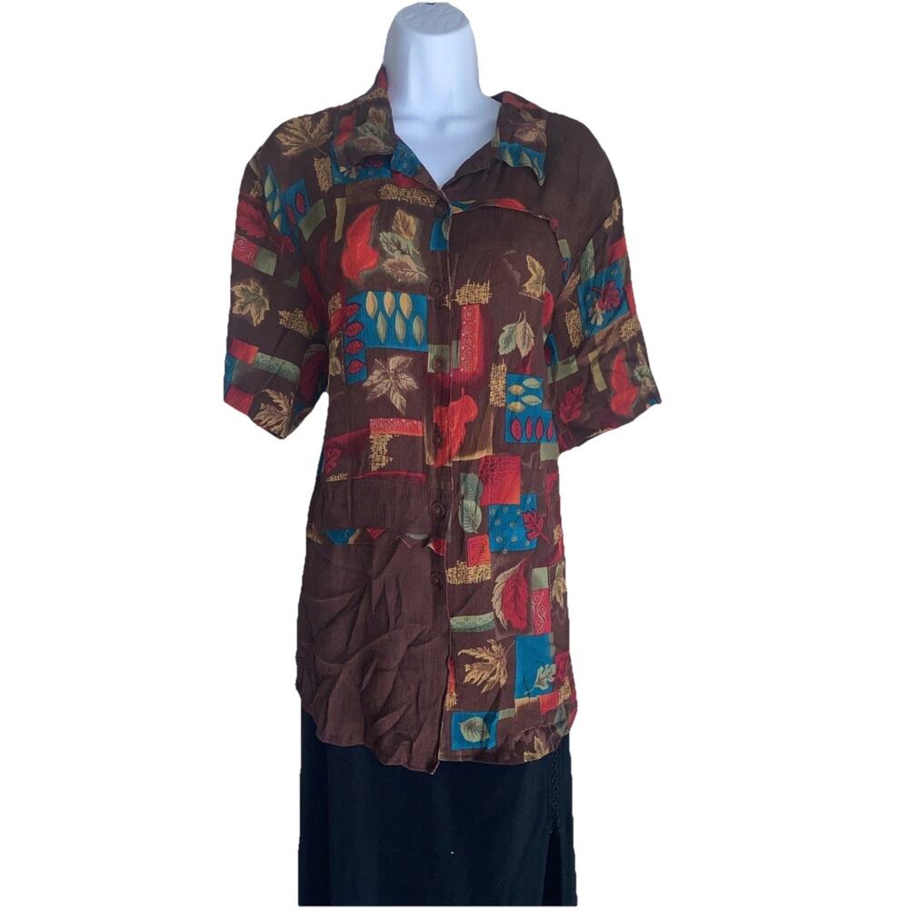 VTG CM Shapes Womens Plus Size 1X Brown Boho Tropical Stretch Tunic Blouse Light